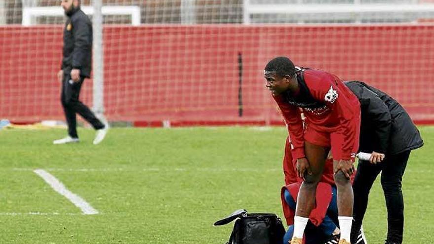 Dani Ndi es atendido por los fisios del Real Mallorca, durante el entrenamiento de ayer.