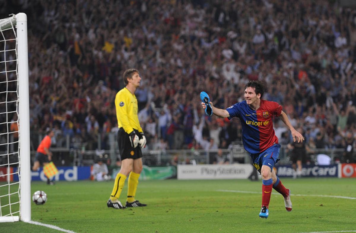 Messi celebra el seu gol contra el Manchester United, en la final de la Lliga de Campions jugada a Roma el 27 de maig del 2009.