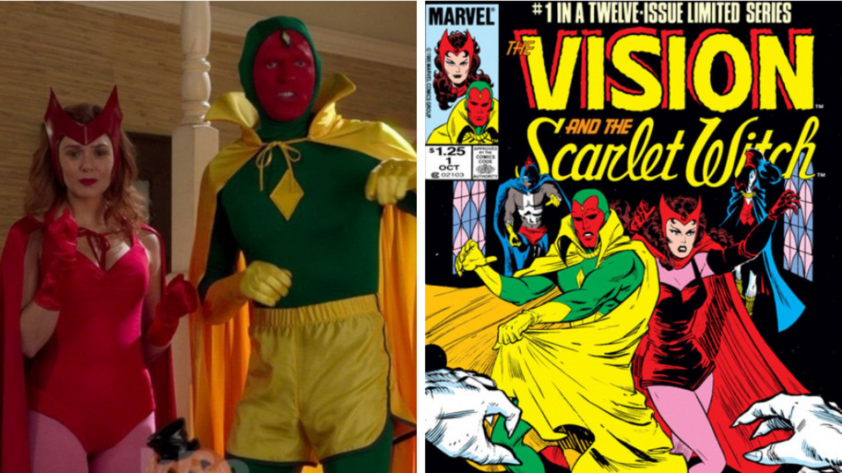 Bruja Escarlata y Visión, en un fotograma de la serie; a la derecha, en una portada de uno de los cómics de Marvel.
