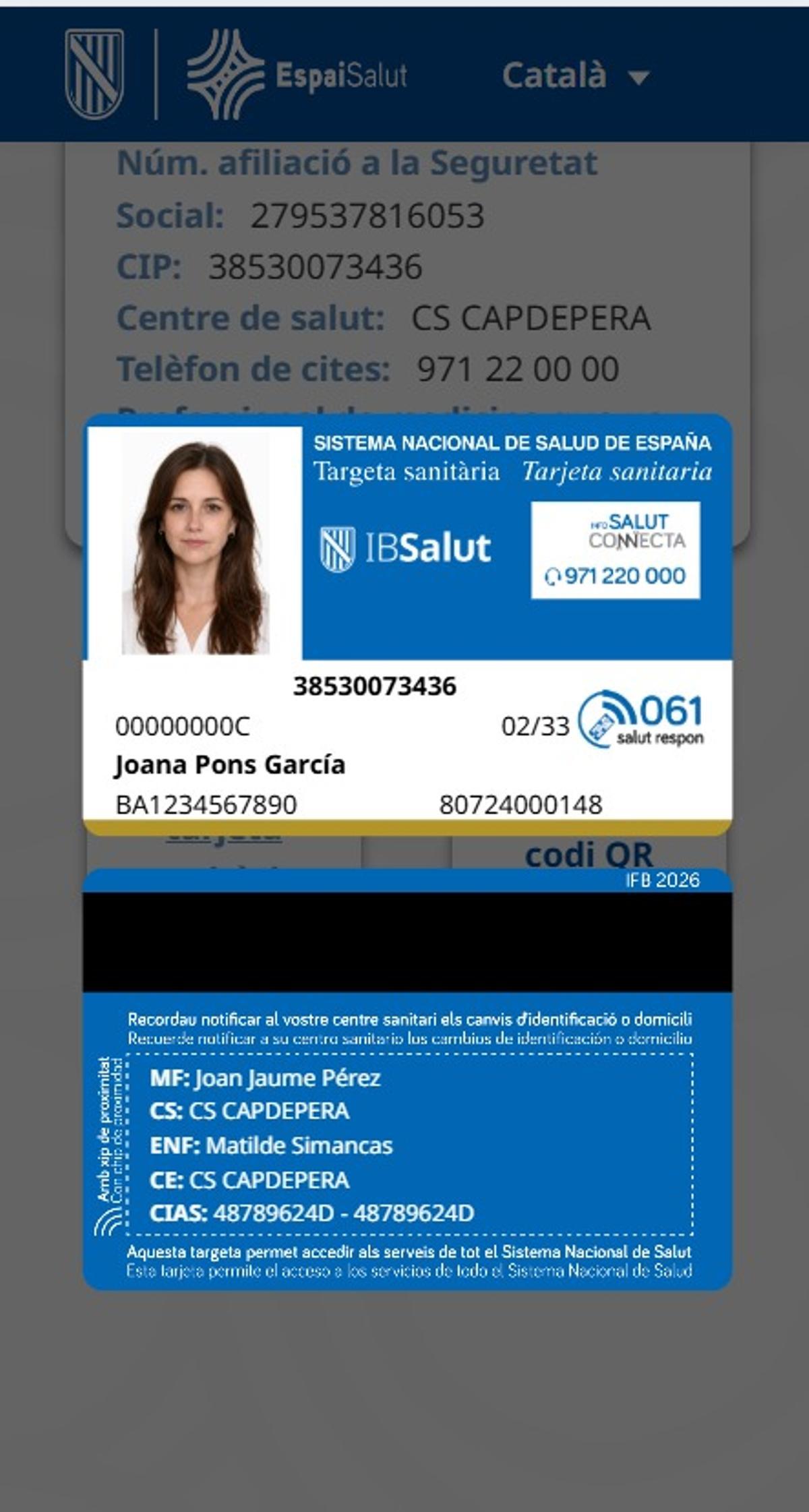 Una tarjeta sanitaria virtual ficticia en la 'app' de EspaiSalut.