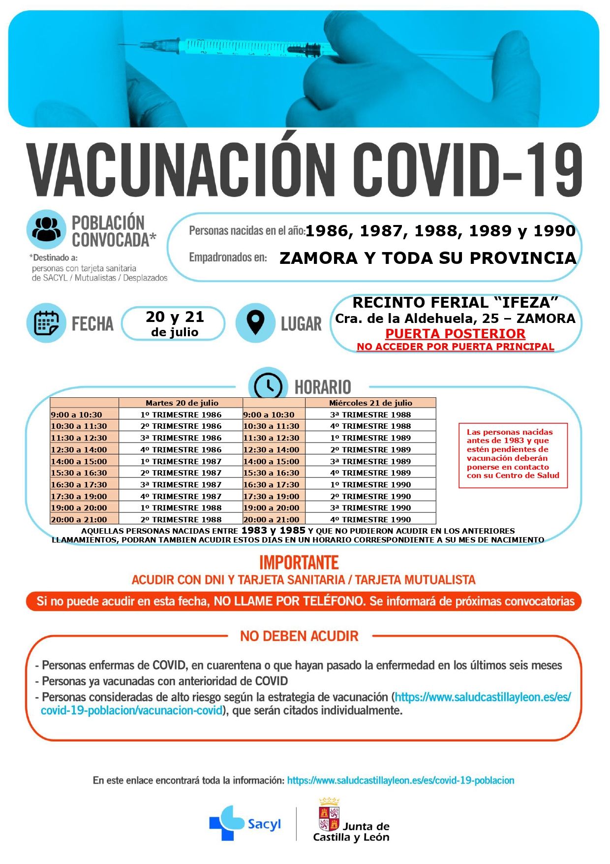 Calendario de vacunación en Zamora para los nacidos en 1986, 1987, 1988, 1989 y 1990.