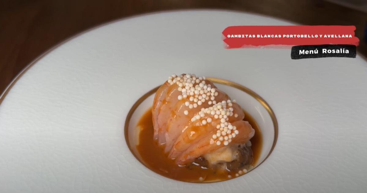 Gambas blancas de Huelva con avellana y champiñones Portobello