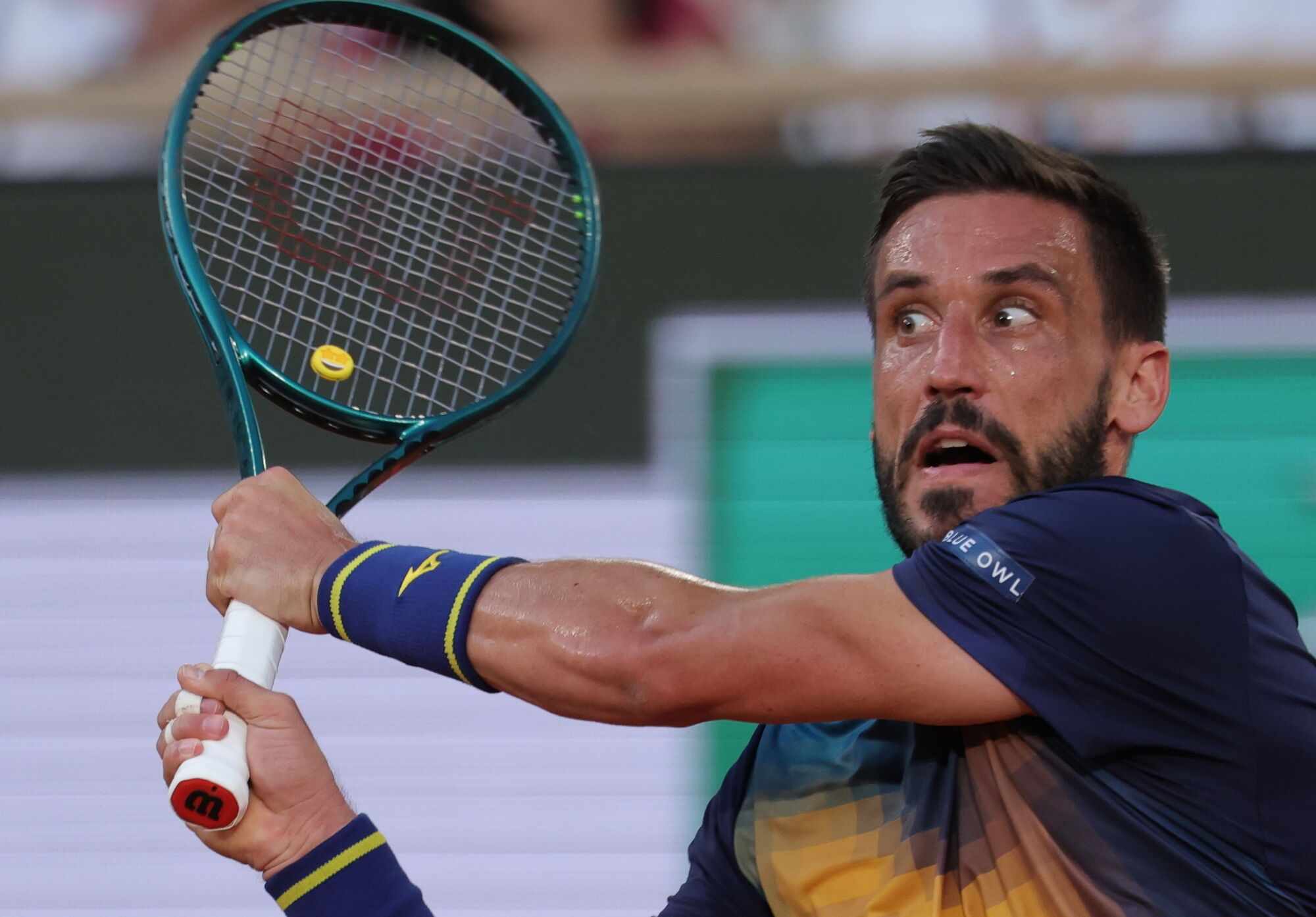 PARIS (France), 30/05/2025.- Damir Dzumhur of Bosnia and Herzegovina in action during his Men's 3rd round match against Carlos Alcaraz of Spain at the French Open Grand Slam tennis tournament at Roland Garros in Paris, France, 30 May 2025. (Tenis, Abierto, Bosnia-Herzegovina, Francia, España) EFE/EPA/TERESA SUAREZ