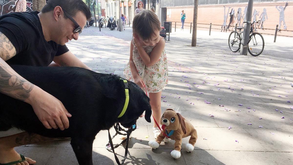 Un perro huele a una niña o con un perrito de peluche e.Barcelona 20170601
