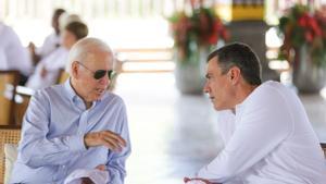 BALI (INDONESIA), 16/11/2022.- El presidente de los Estados Unidos, Joe Biden y el presidente del Gobierno de España, Pedro Sánchez conversan durante una visita a una zona de siembra de manglares en el Parque Forestal de Manglares Tahura Ngurah Rai como parte de la reunión de los líderes del G20 en la Cumbre en Bali, Indonesia este miércoles. 