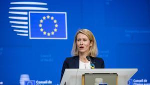 La Alta Representante de la Unión Europea para la Política Exterior, Kaja Kallas, en una rueda de prensa posterior a la reunión de ministros de Exteriores que ha tenido lugar este lunes en Bruselas.
