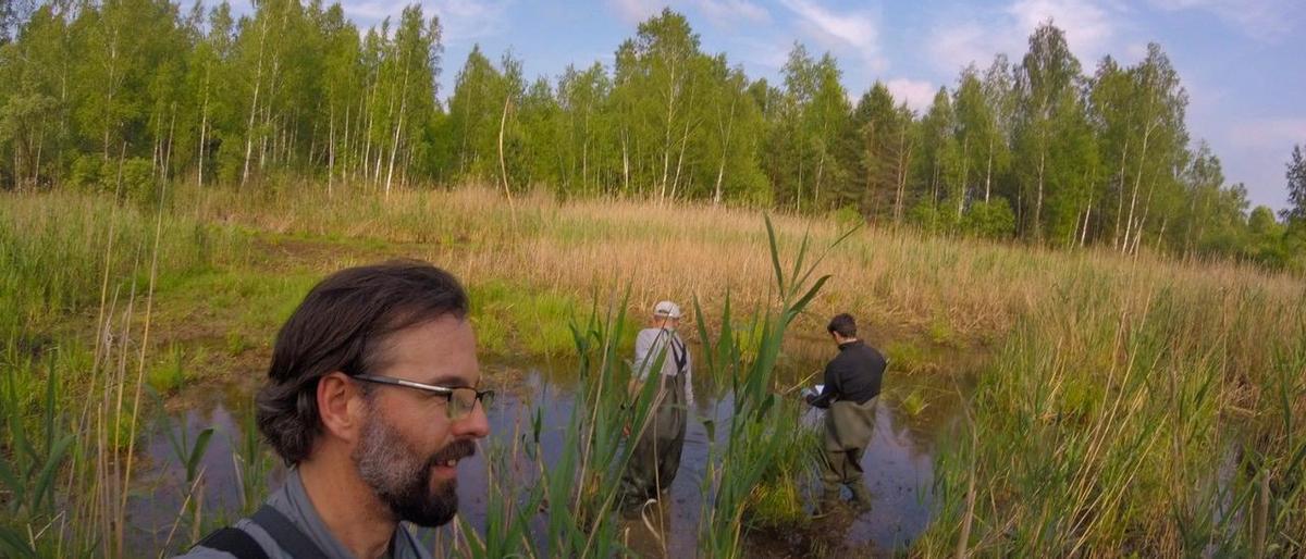 Germán Orizaola en primer término, durante un trabajo de campo en los humedales de Chernóbil.