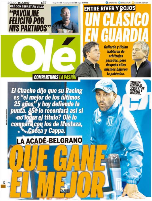 Portada OLÉ sábado 16 marzo 2019