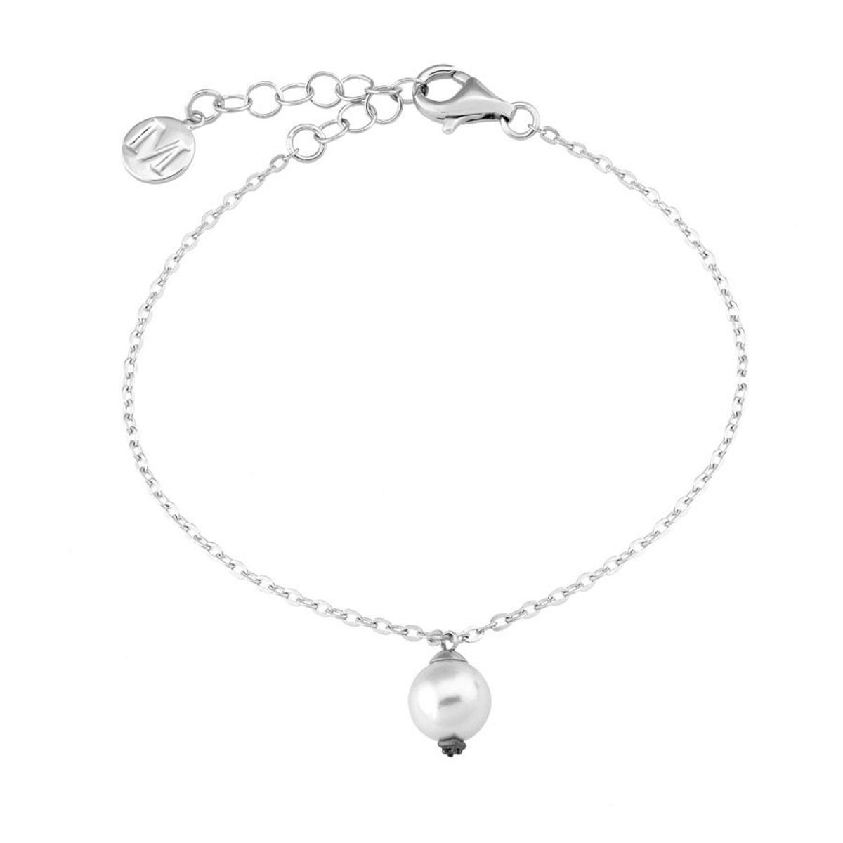 Brazalete en plata rodiada, perla redonda blanca y diamante negro