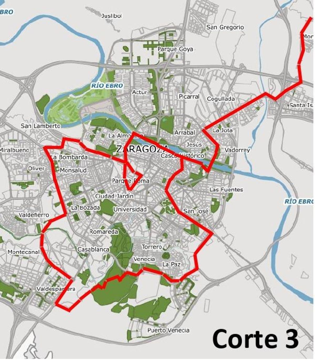 Corte 3 del bus urbano de Zaragoza por el paso de La Vuelta.