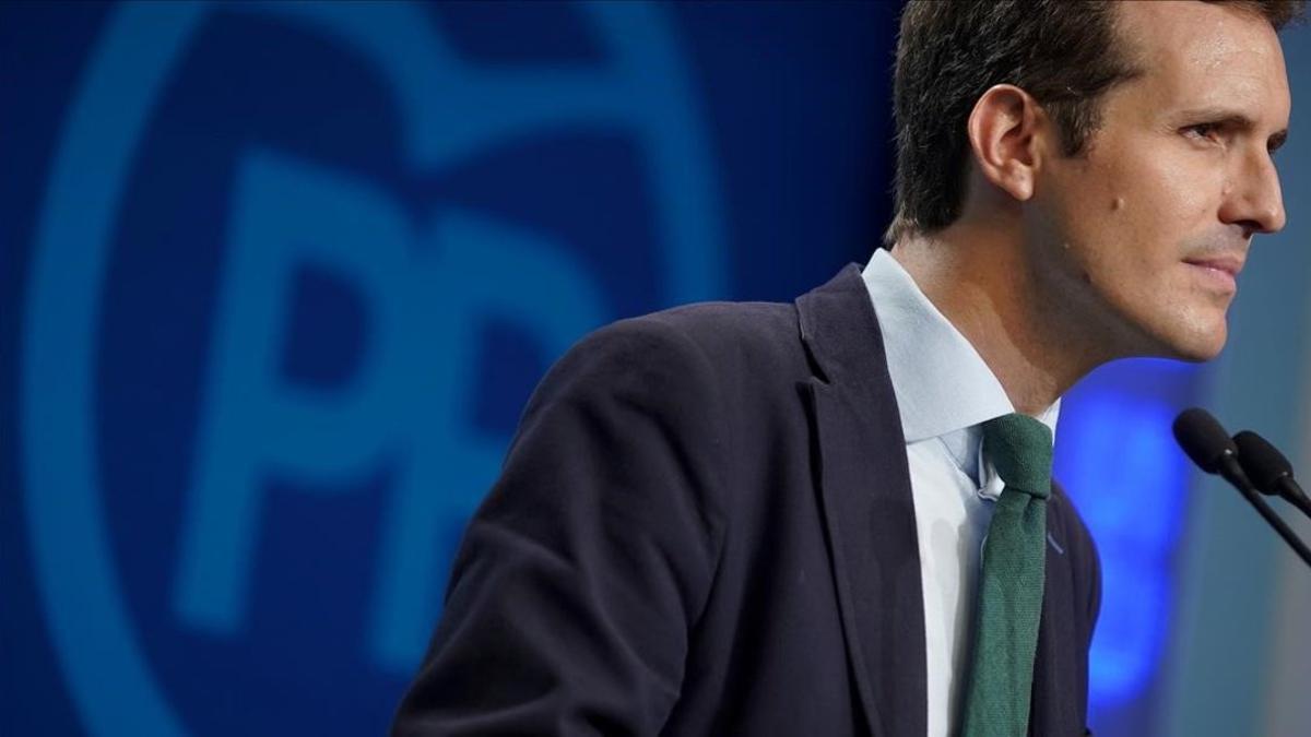 El presidente del PP, Pablo Casado, en una reciente rueda de prensa en la sede central de su partido.