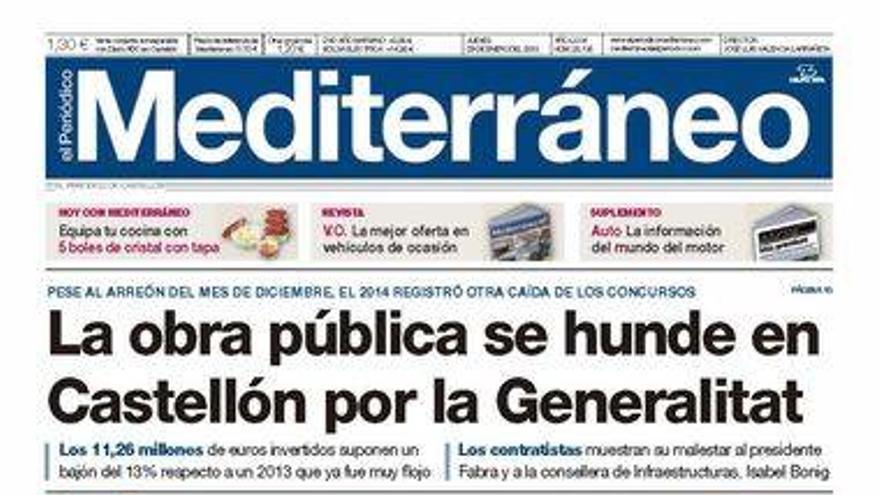 La licitación de obra pública en Castellón, en la portada de Mediterráneo