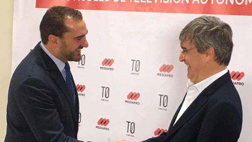 Juan Francisco Zambudio y Miguel Cardenal presentan el acuerdo entre TCERO y Mediapro.