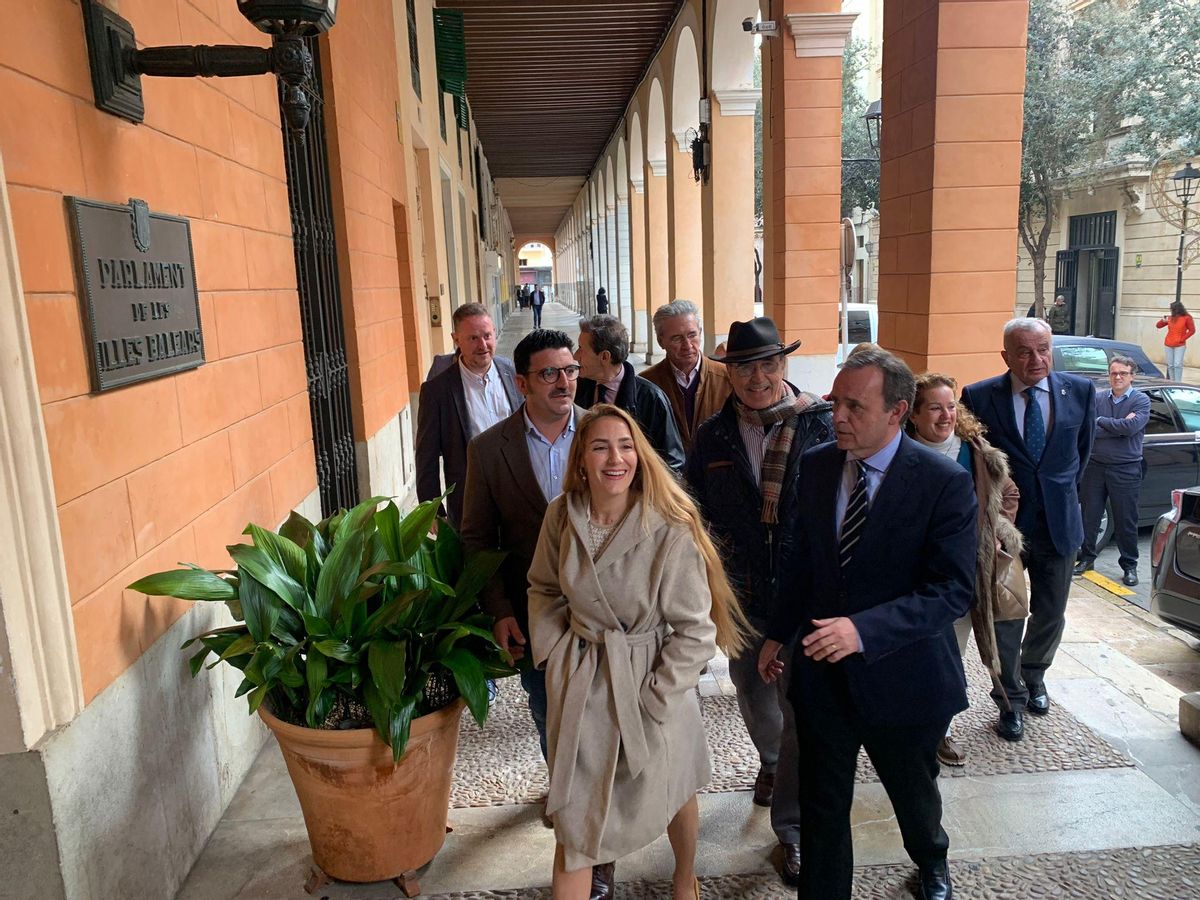 La diputada ibicenca de Vox Patricia de las Heras llega arropada de toda la cúpula de su partido al Parlament.