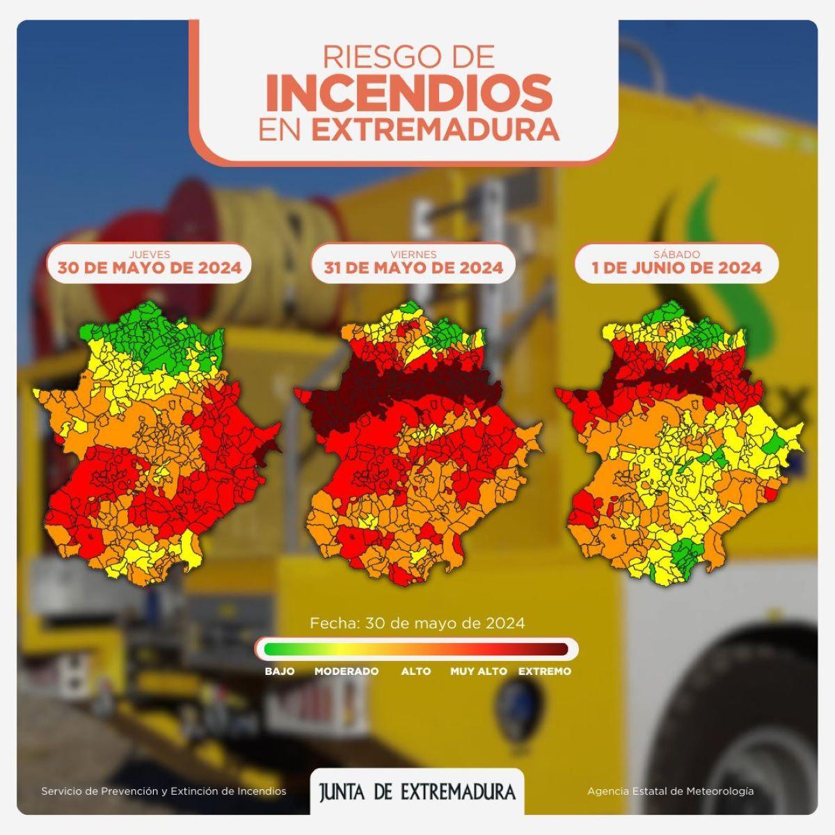 Mapa de riesgo de incencio en Extremadura.