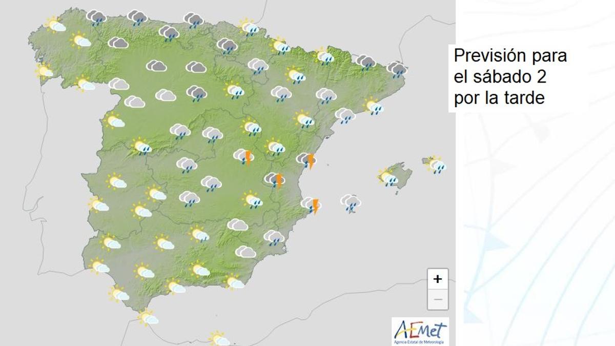 Previsión de AEMET para este sábado por la tarde.