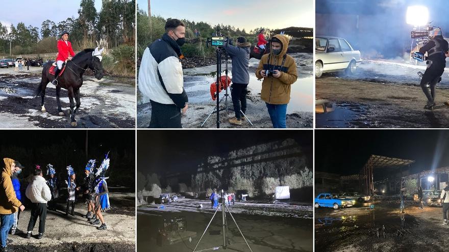 Diferentes momentos de la grabación del videoclip de Aissa en Catoira, el domingo.