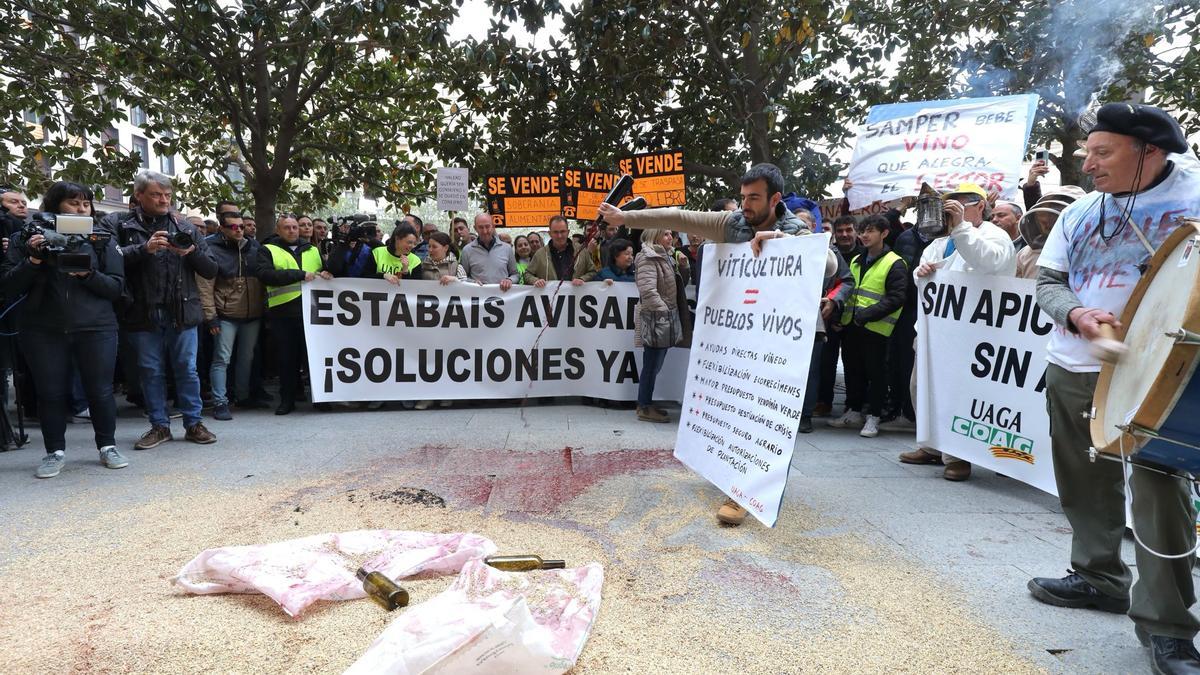 Un agricultor lanza vino de una botella frente a la Delegación del Gobierno en Zaragoza