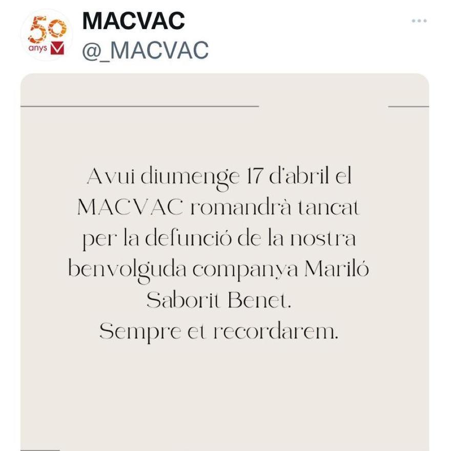 Mensaje de despedida oficial del MACVAC a Mariló Saborit Benet