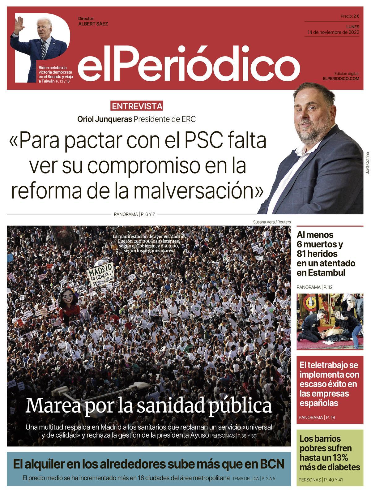 La portada d’EL PERIÓDICO del 14 de novembre del 2022