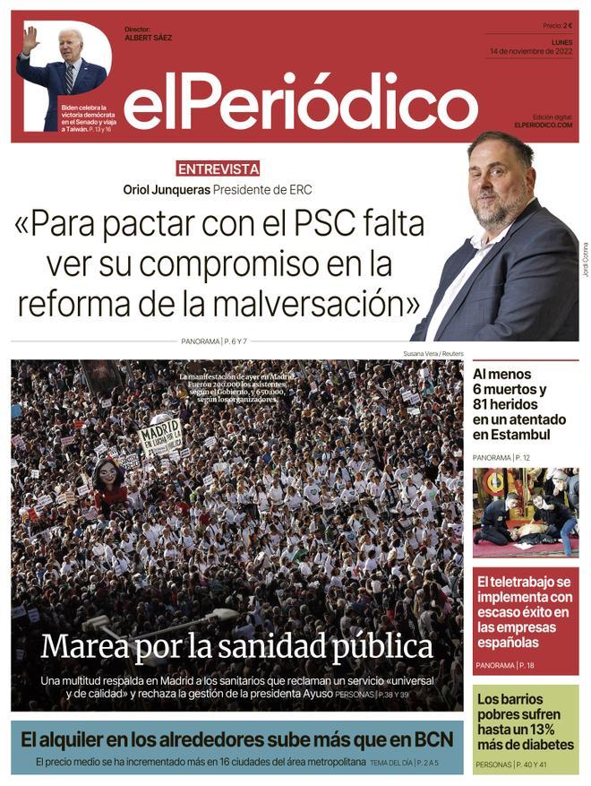 La portada d’EL PERIÓDICO del 14 de novembre del 2022