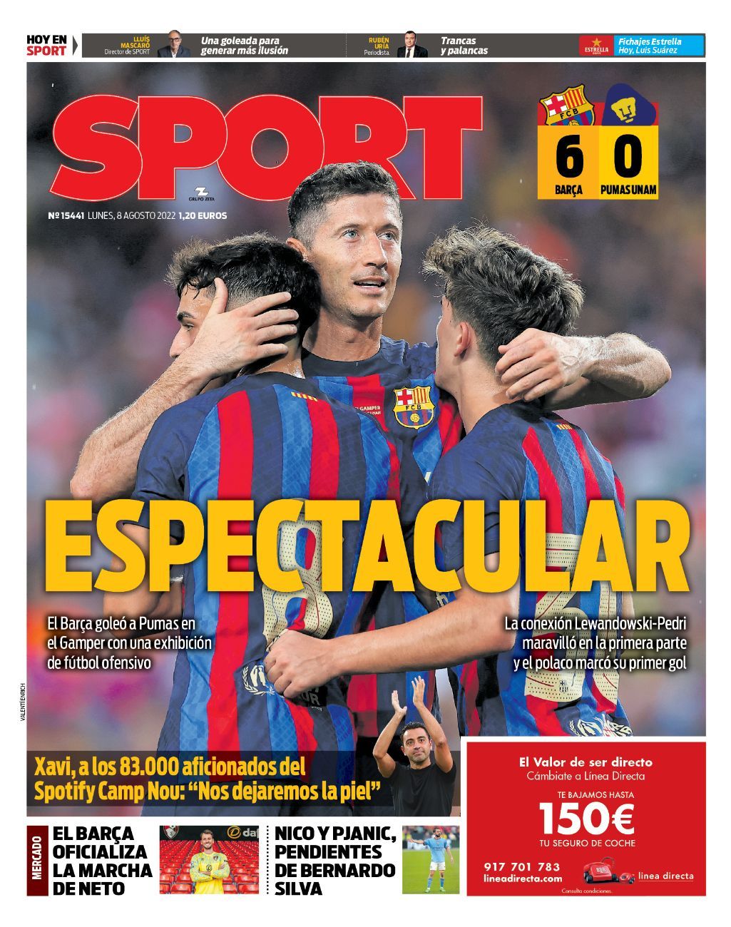 Esta es la portada de SPORT del lunes 8 de agosto de 2022