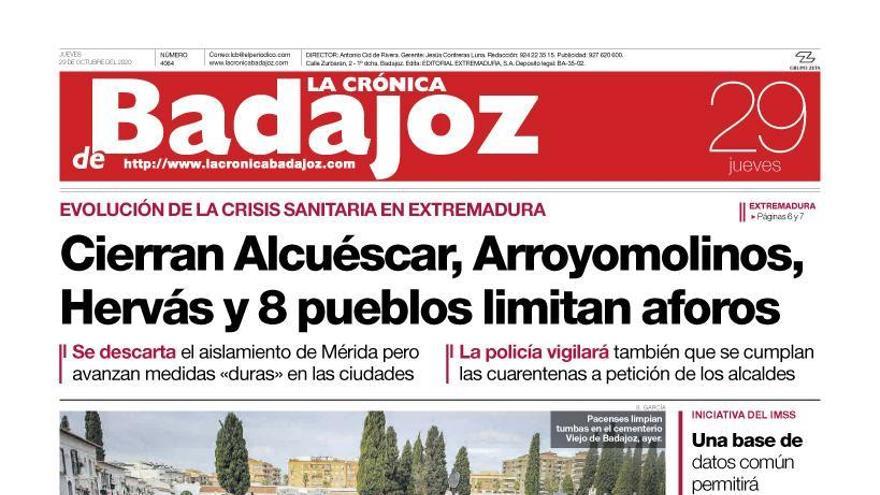 Esta es la portada de LA CRÓNICA DE BADAJOZ correspondiente al día 29 de octubre del 2020