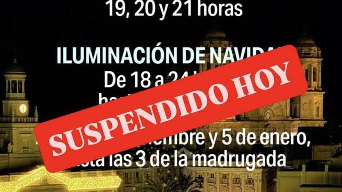 Anuncio de la suspensión del espectáculo de luces en Cádiz