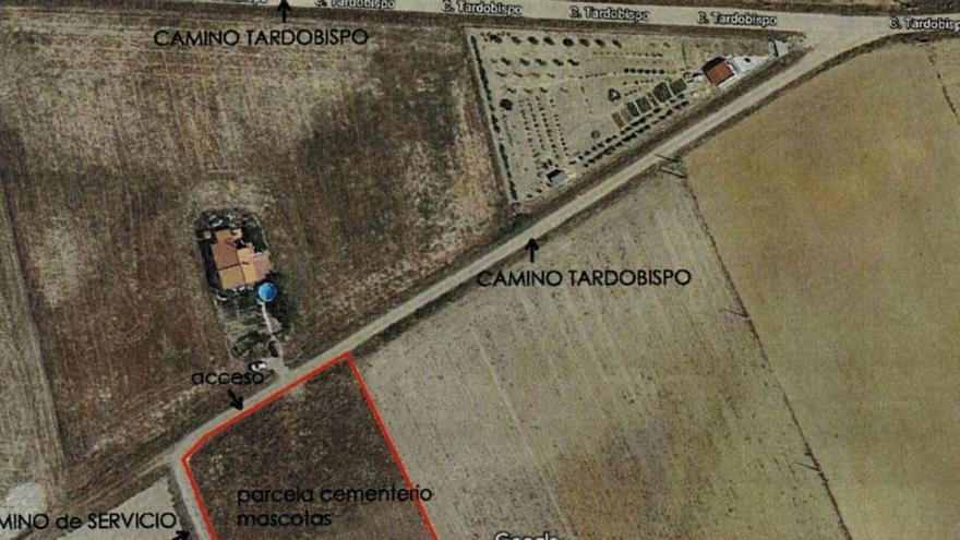 Delimitado en rojo, la parcela que albergaría el futuro cementerio para mascotas de Morales del Vino. | Informe técnico