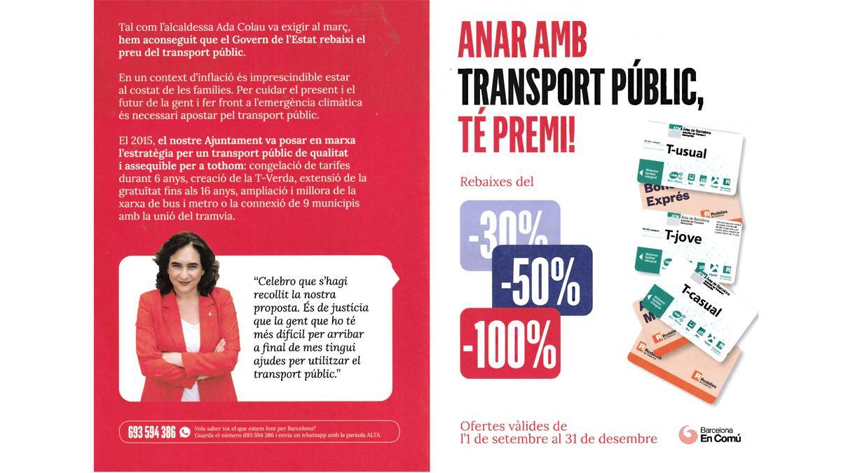 Colau s’atribueix el mèrit de la rebaixa de la tarifa del transport públic Colau s’atribueix el mèrit de la rebaixa de la tarifa del transport públic