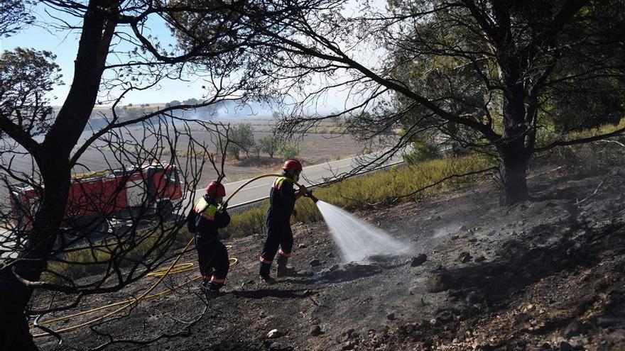 Los bomberos trabajan en la extinción de un incendio entre María de Huerva y Botorrita