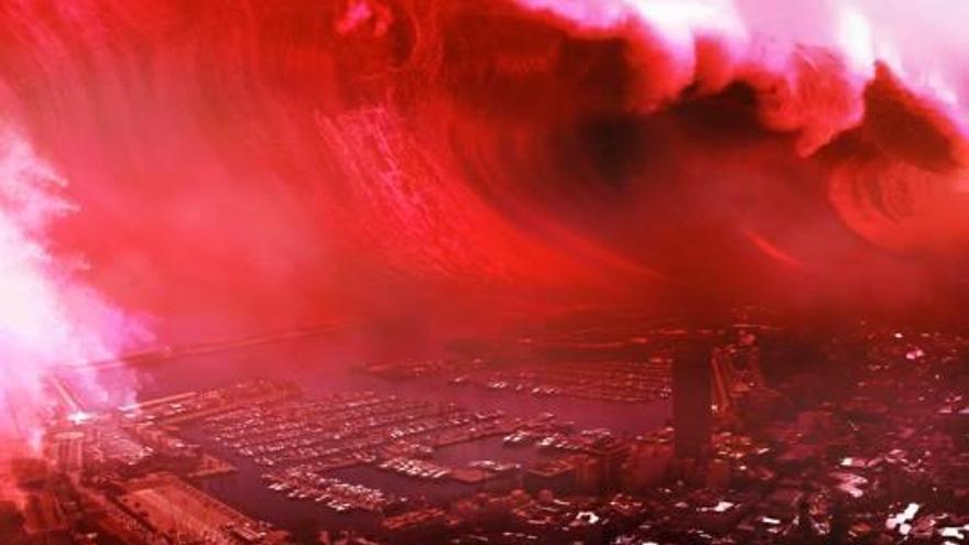 Fotograma del videoarte Tsunami rojo, del artista alicantino Isaac Montoya, en la que una ola gigante cae sobre Alicante.