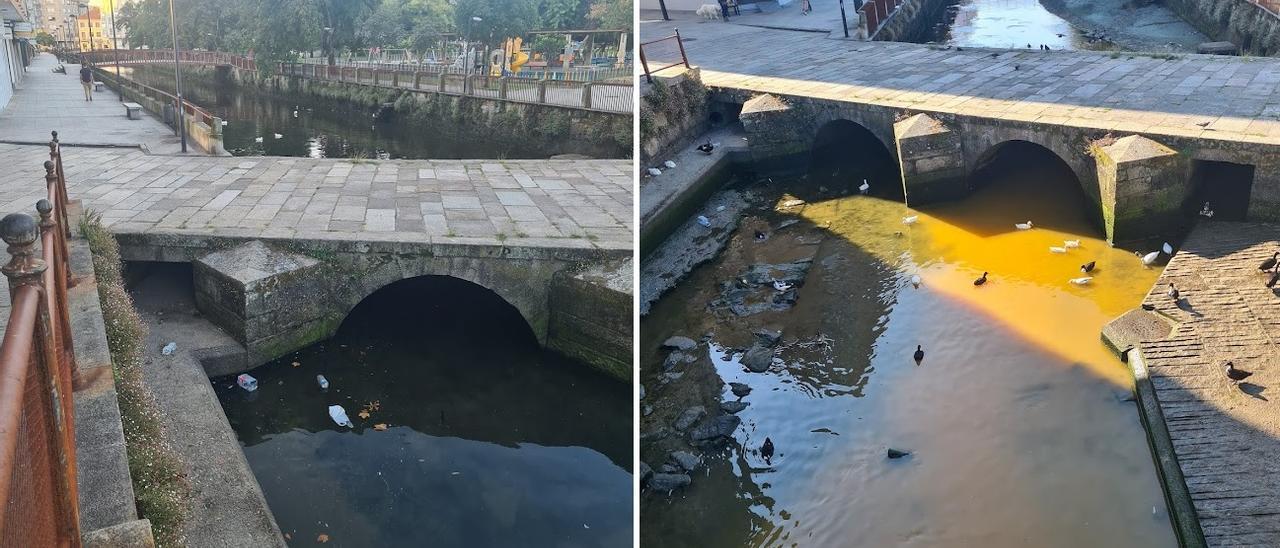 El río Con, a las 8.00 horas, con pleamar y plásticos flotando; y el mismo tramo, a las 10.00 horas, con bajamar y un nuevo vertido en sus aguas.