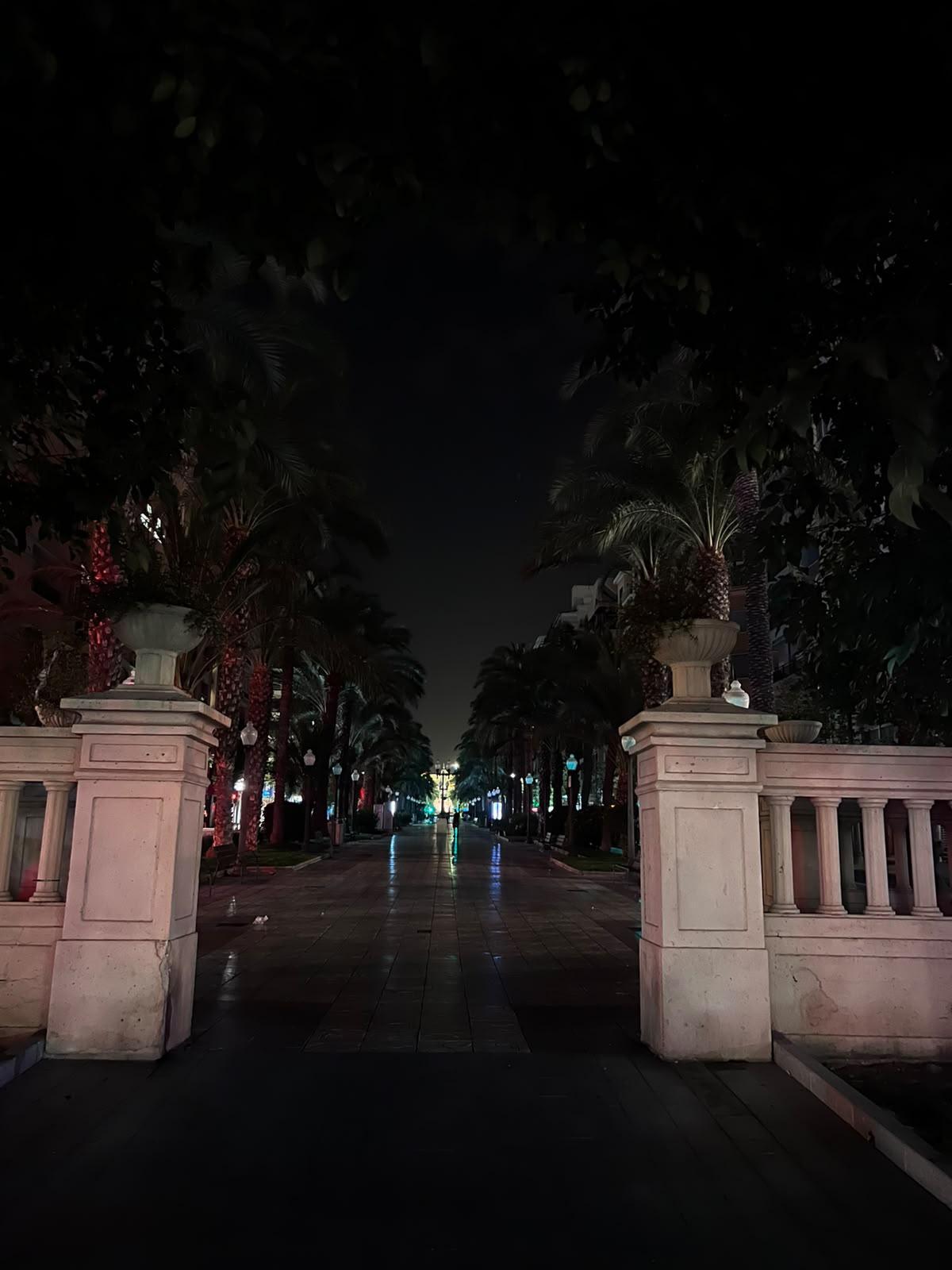 Federico Soto permanecía sin iluminación poco antes de las 00.30 horas, dejando el paseo central y las aceras prácticamente a oscuras.