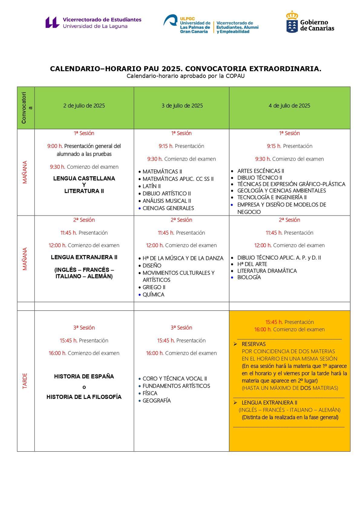 Calendario horario PAU 2025 julio extraordinaria