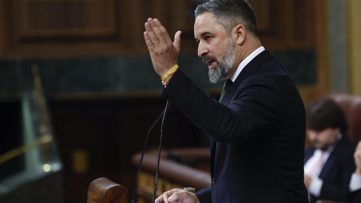 El líder de Vox, Santiago Abascal, interviene durante el pleno que celebra este miércoles el Congreso, ante el que comparece Pedro Sánchez para informar de las últimas cumbres internacionales. EFE/ JJ Guillén. añade texto