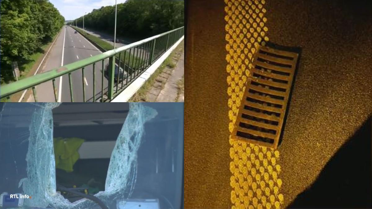 El puente, la tapa de alcantarilla y el agujero que provocó en el parabrisas del camión