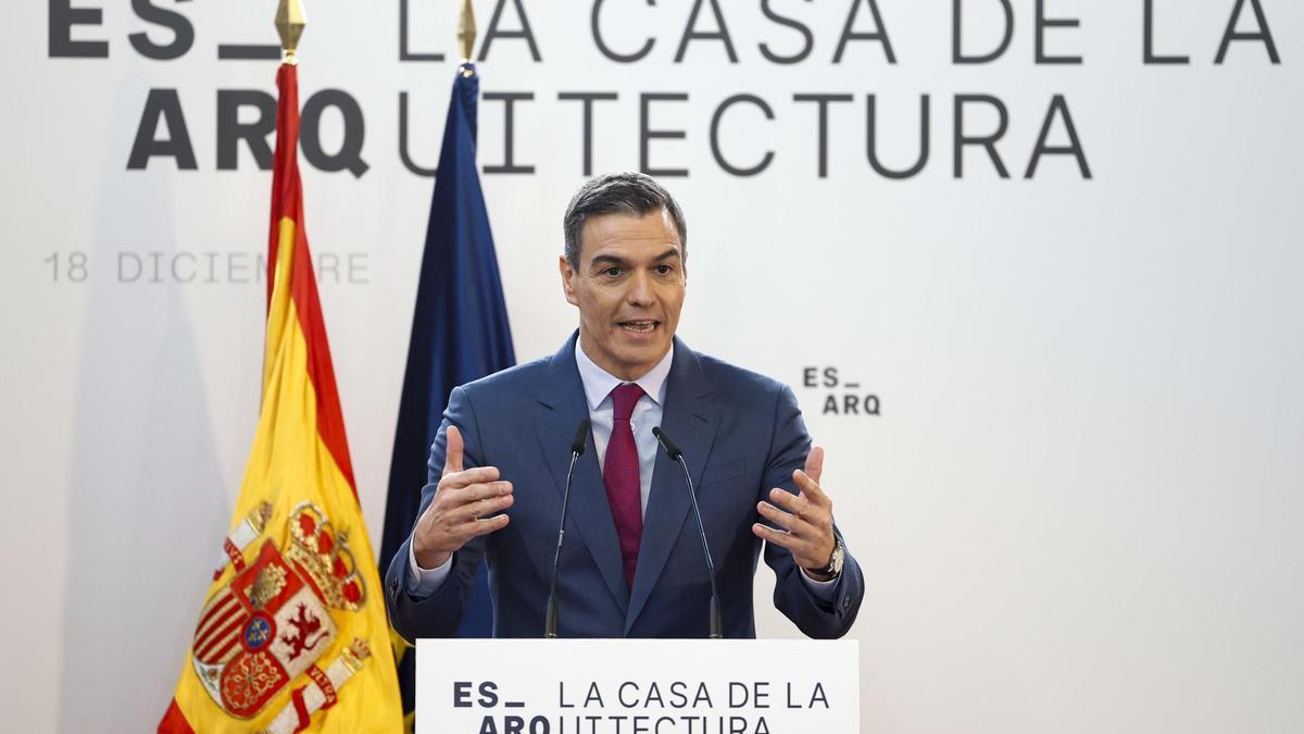 El presidente del Gobierno, Pedro Sánchez, este lunes en la inauguración de la Casa de la Arquitectura en Madrid.