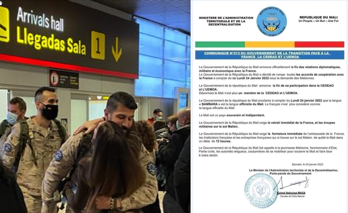 A la izquierda, militares españoles de la misión EUTM Mali llegan al aeropuerto de Barajas en la madrugada del 30 de noviembre. A la derecha, uno de los comunicados fake detectados por fuerzas españolas circulando en Mali y Niger y atribuidos a fuerzas rusas.