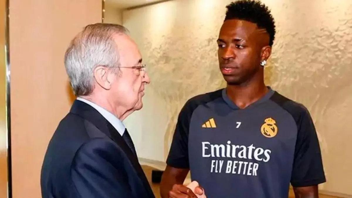 Florentino Pérez saluda a Vinicius antes de un partido del Real Madrid.