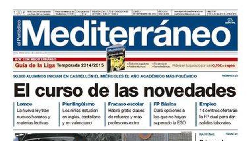 &#039;El curso de las novedades&#039;, titular de portada hoy de El Periódico Mediterráneo