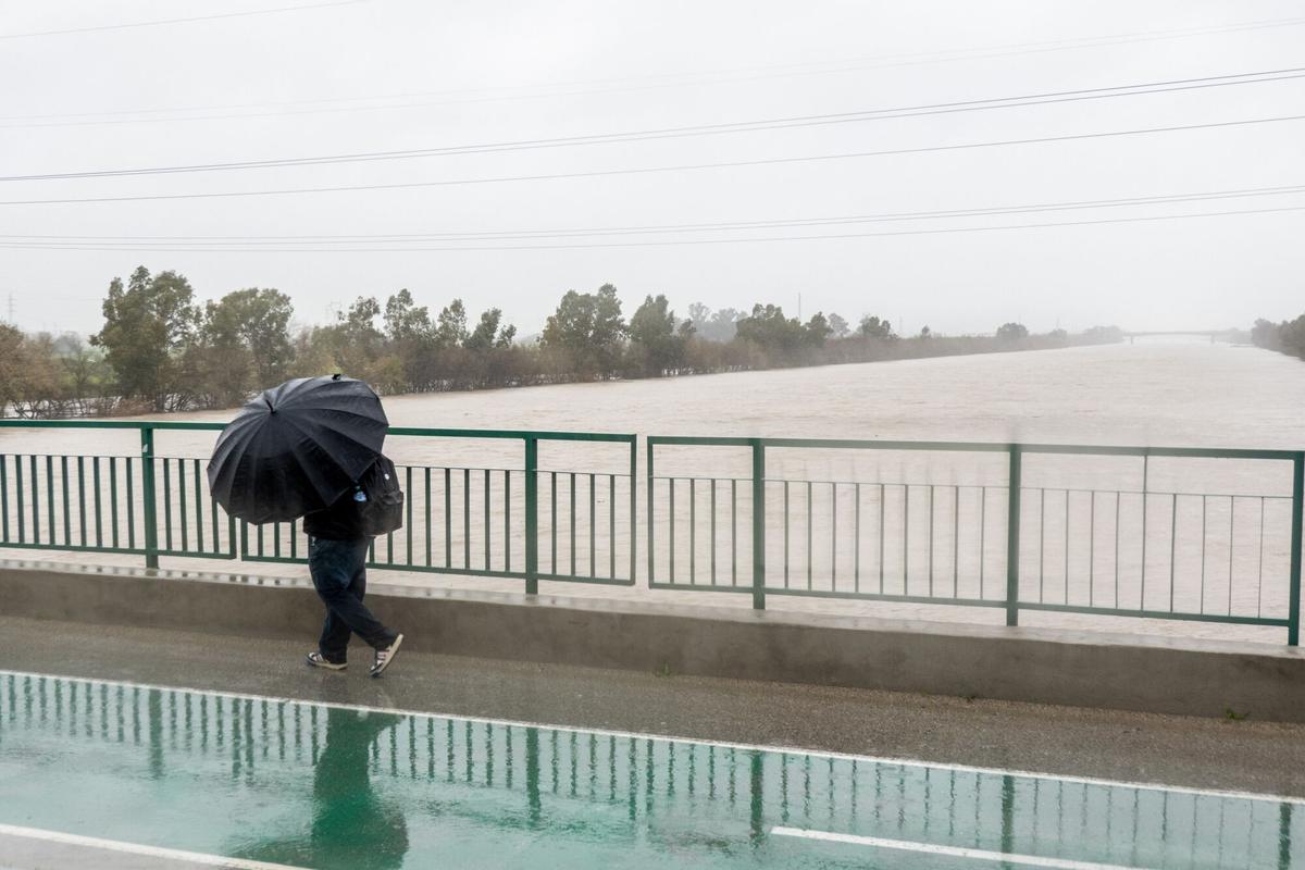 Una persona cruza por el Puente de la Señorita de Sevilla durante la borrasca Marta.