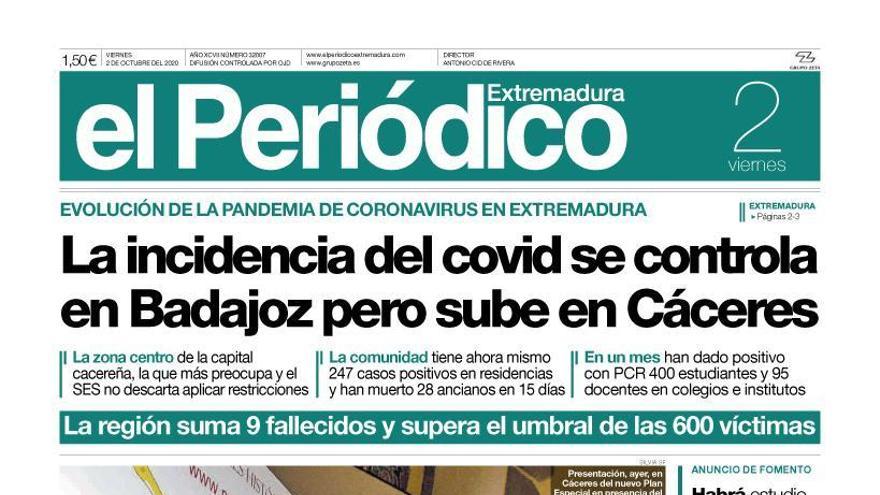 Esta es la portada de EL PERIÓDICO EXTREMADURA correspondiente al día 2 de octubre del 2020