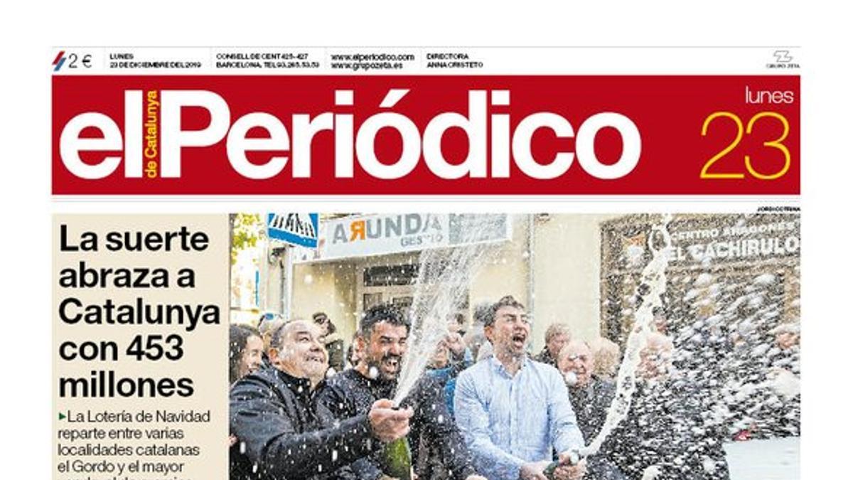 La portada de EL PERIÓDICO del 23 de diciembre del 2019