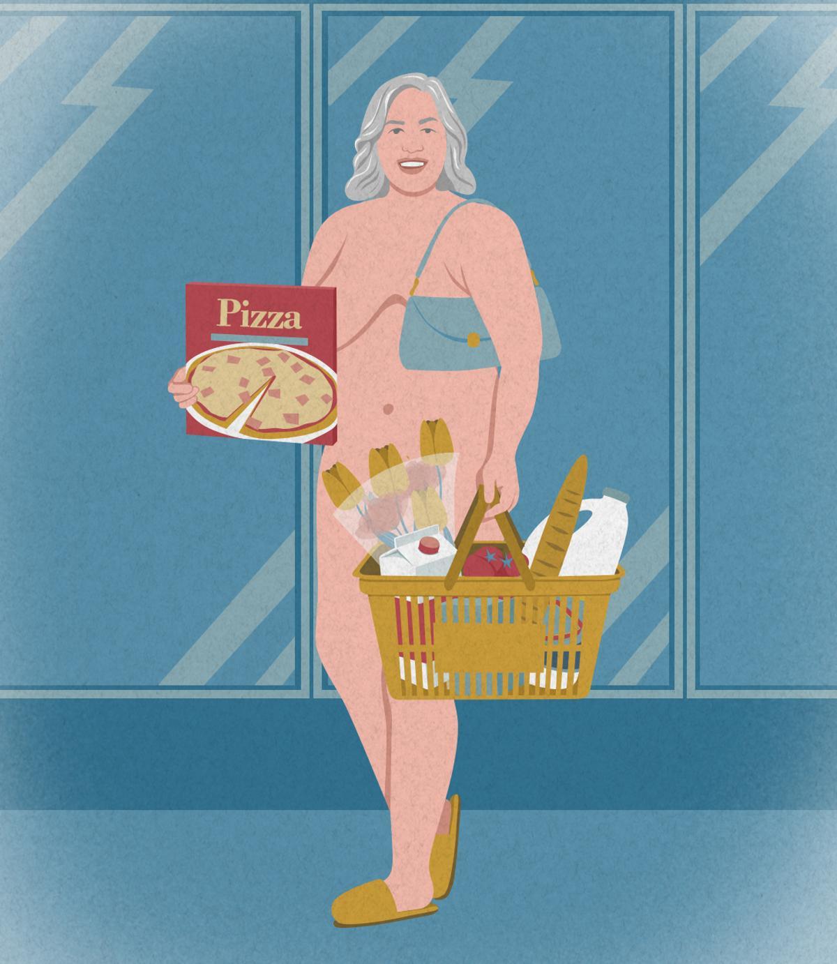 Mujer desnuda en la sección de congelados.