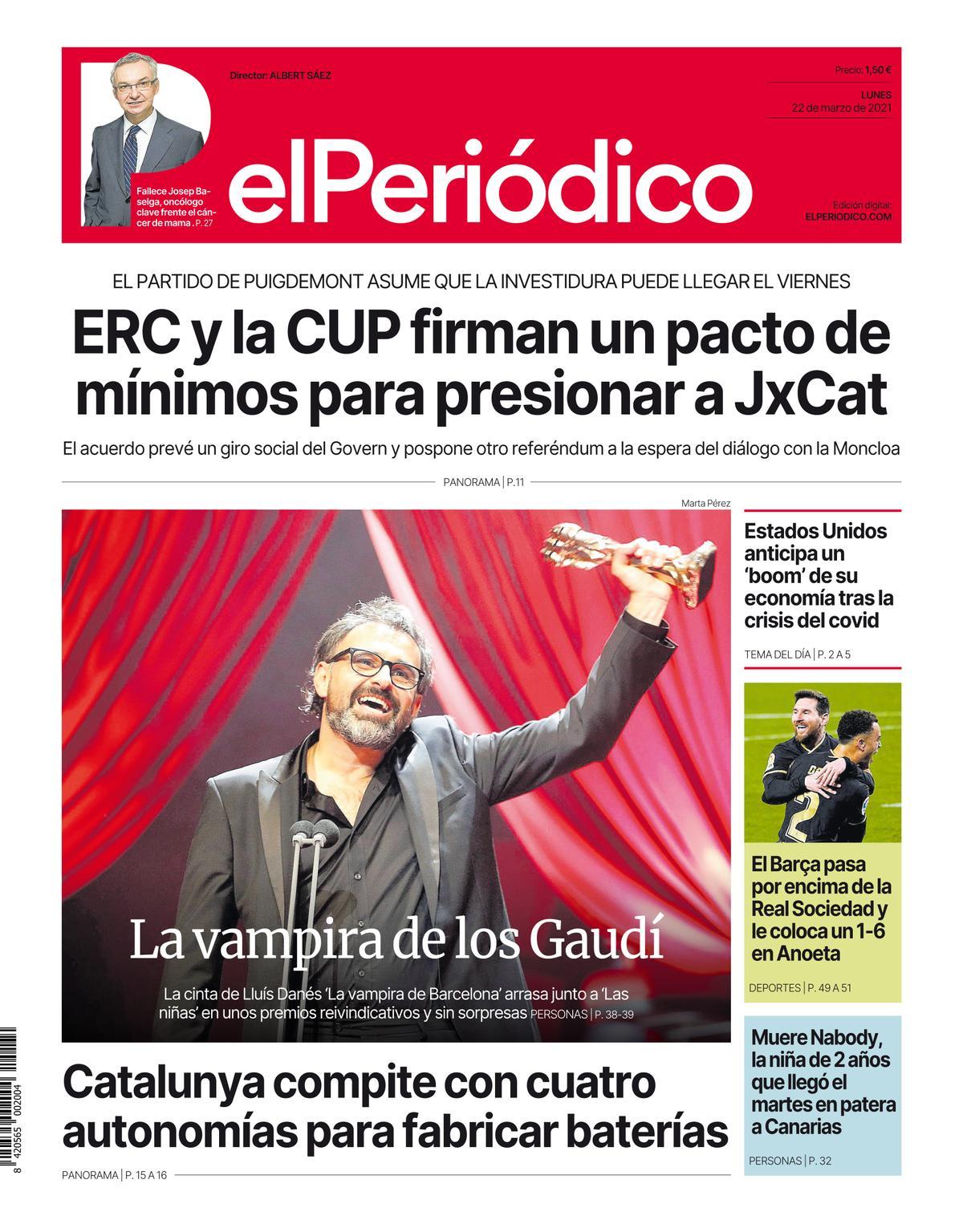 La portada d’EL PERIÓDICO del 22 de març del 2021