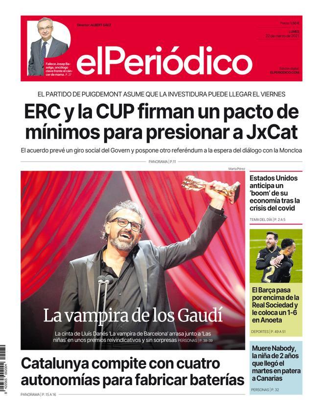 La portada d’EL PERIÓDICO del 22 de març del 2021