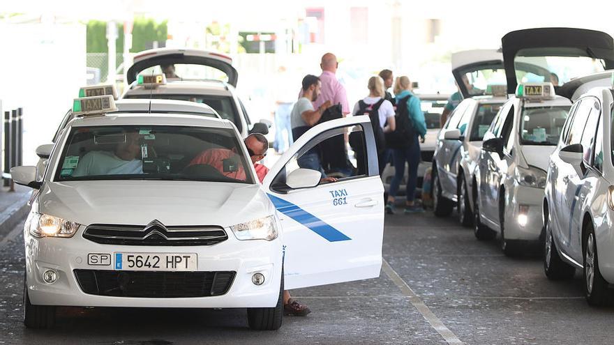 Varios taxistas esperan la llegada de clientes en una parada en Málaga.