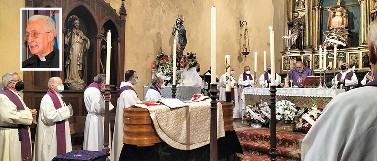 Funeral por José Pérez Barcia (en el recuadro), ayer, en la iglesia parroquial de San Pedro de Cudillero. | A. M. S.