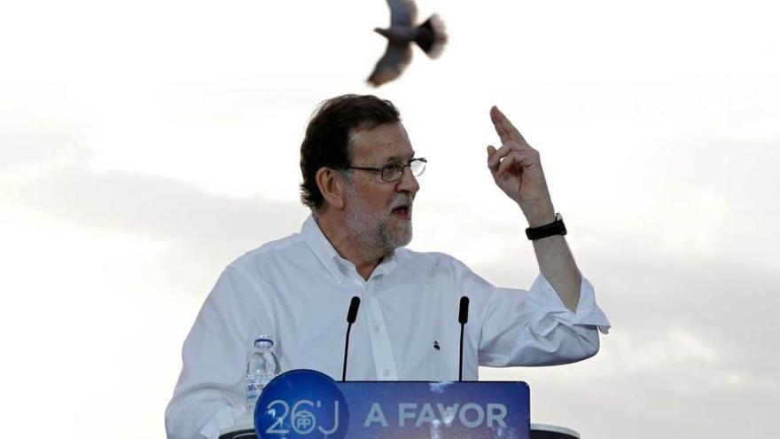 Una paloma vuela sobre Mariano Rajoy durante su mitin de ayer en Valencia.